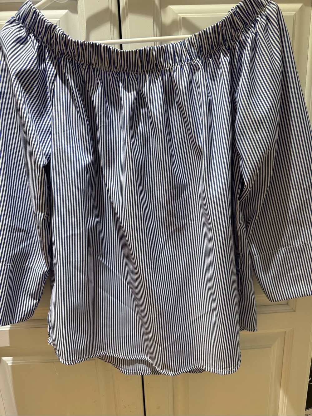 Striped Off-Shoulder Peasant Blouse - Navy and White L